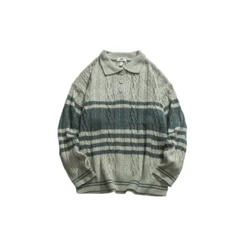 Retro Twist Striped College Style Polo Neck Knitted Sweater