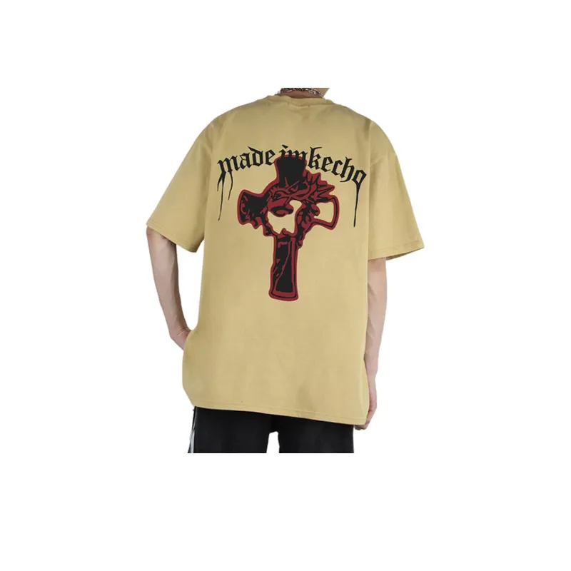 Vintage Cross Printed Washed Short sleeved T shirt-15