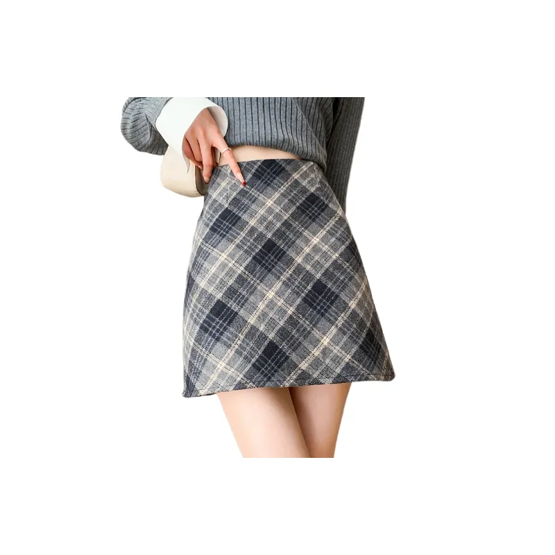 Retro Plaid Woolen Fabric Casual Skirt Women-1