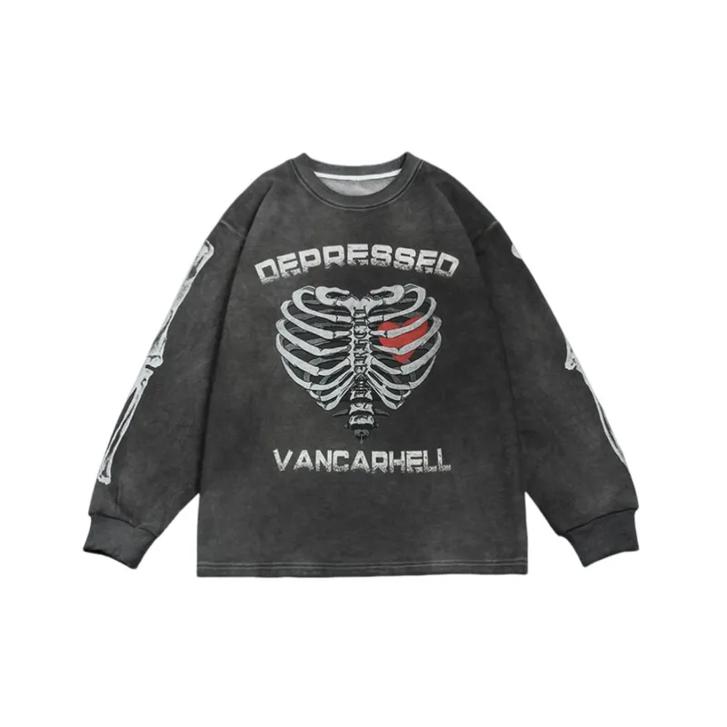 Retro Distressed Skull Heart Print Sweatshirt-3