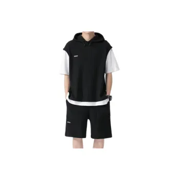 Fake Two Piece Hooded T Shirt And Shorts Sports Set