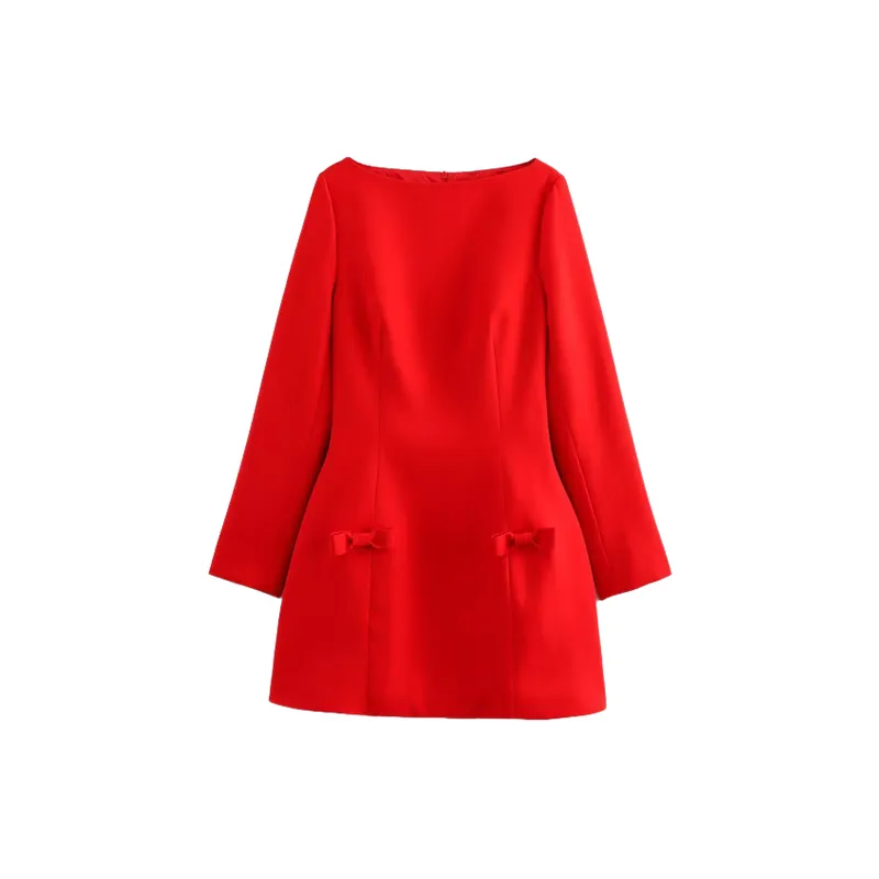 Plain Bow Polyester Dress Women