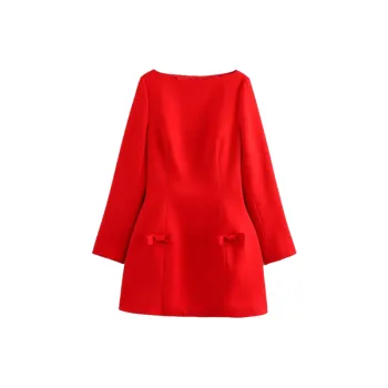Plain Bow Polyester Dress Women
