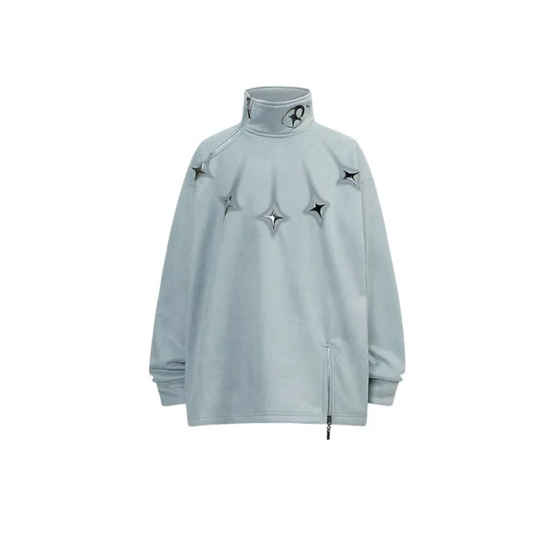 High Street Irregular Zipper Design Reflective Metal Buckle Vertical Collar Pullover Fleece Sweatshirt-4