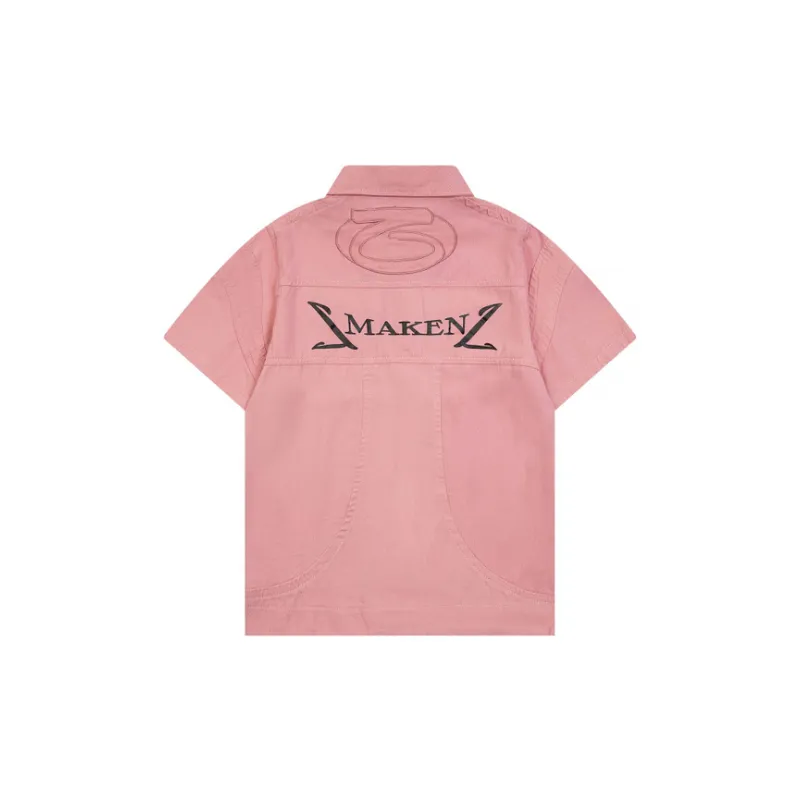 Hip Hop Letter Print Lapel Denim Short Sleeved Shirt-3