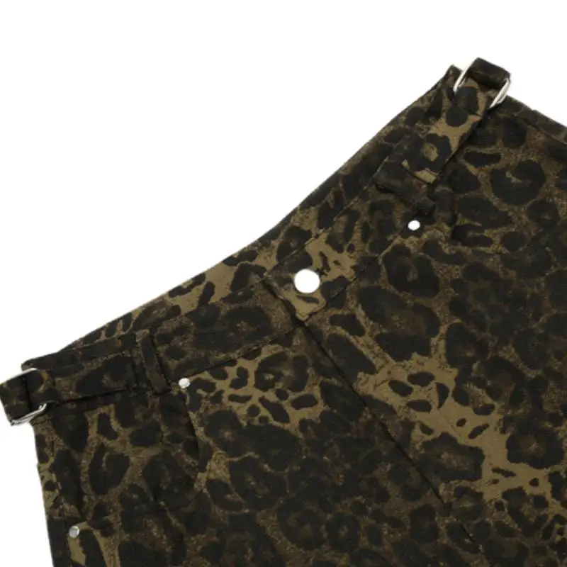 Retro Pleated Design Sense Multi Pocket Crane Pants Street Loose Straight Casual Leopard Print Pants-3
