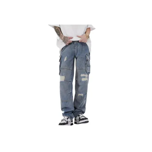 Washed Multi-Pocket Loose Casual Pendant Cargo Denim Pants