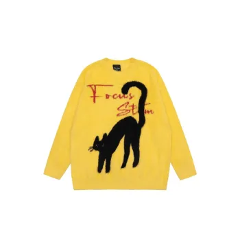 High Street Cat Letter Jacquard Mink Round Neck Sweater