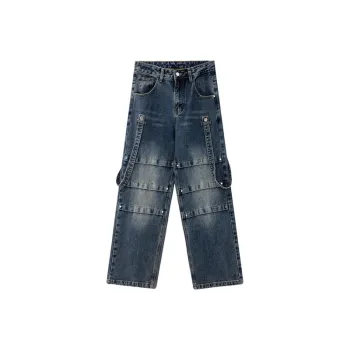High Street Vintage Washed Stitching Stacked Design Strap Jeans