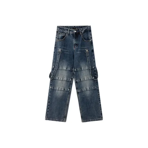 High Street Vintage Washed Stitching Stacked Design Strap Jeans