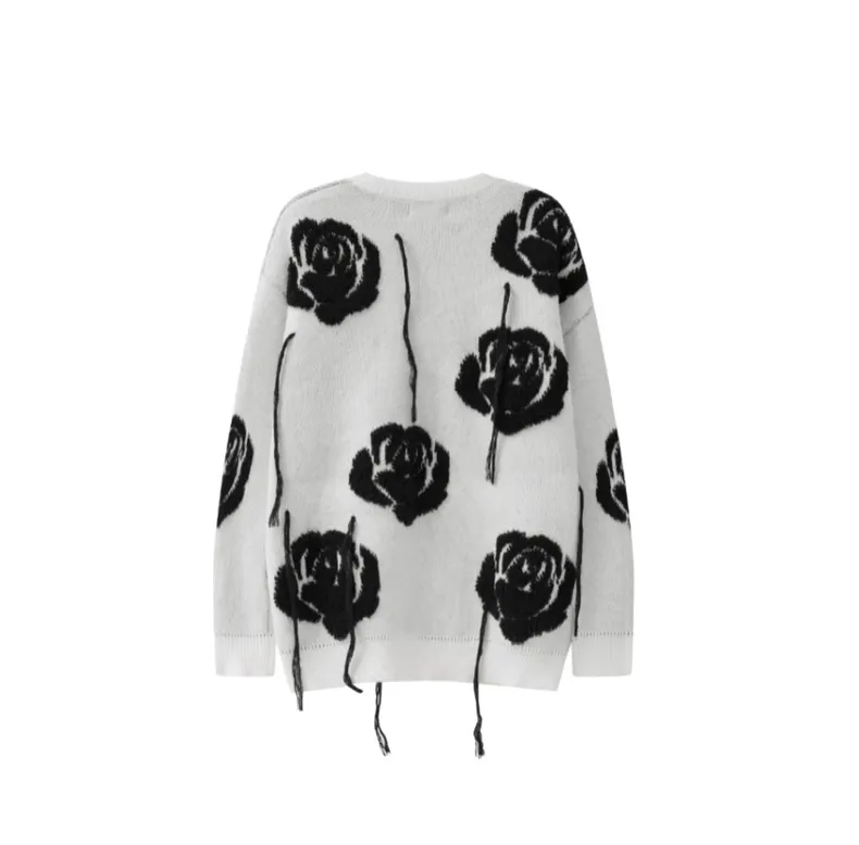 Lazy Style Chic Design Rose Tassel Long Sleeve Retro Knitted Wool Sweater-6