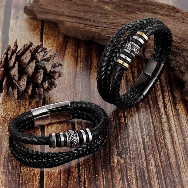 Vintage Stainless Steel Hand Woven Leather Bracelet-2