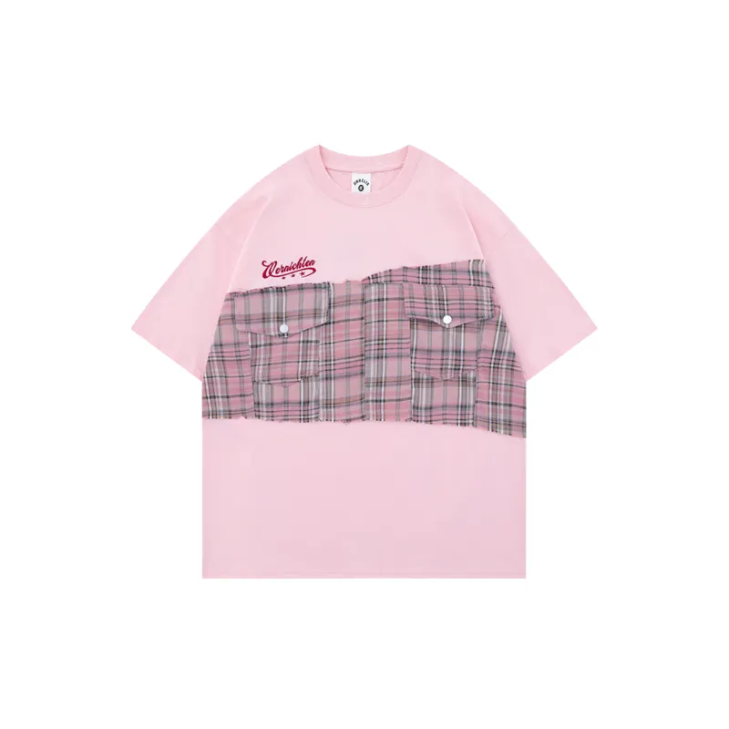 Patchwork Plaid Short Sleeved T Shirt-0