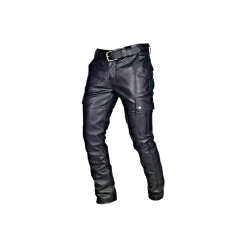Casual Plain Straight Leg Artificial Leather Pants