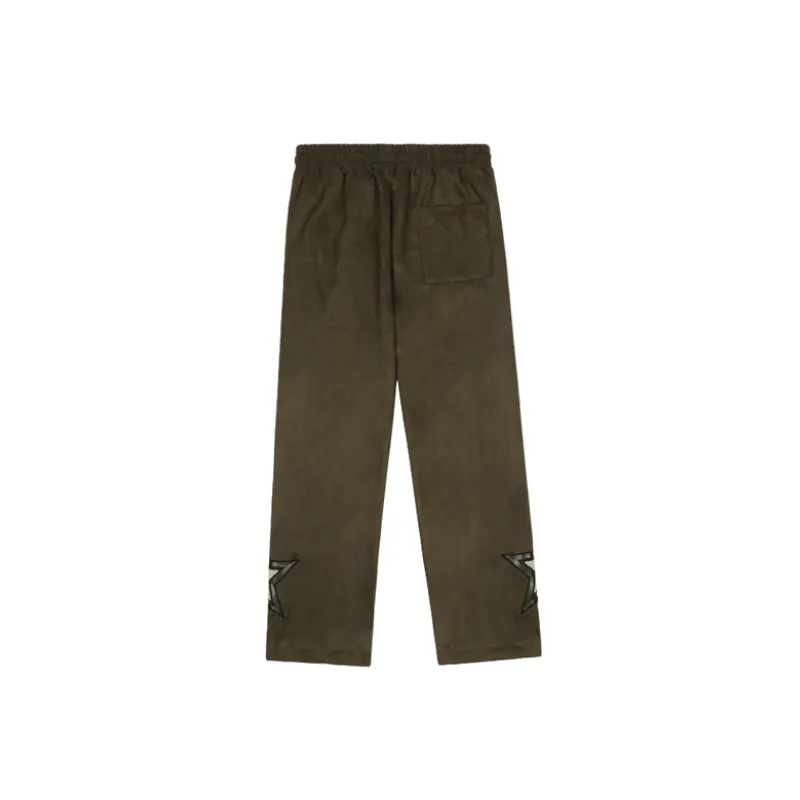 Embroidered Letters Leather Splicing Casual Pants-1
