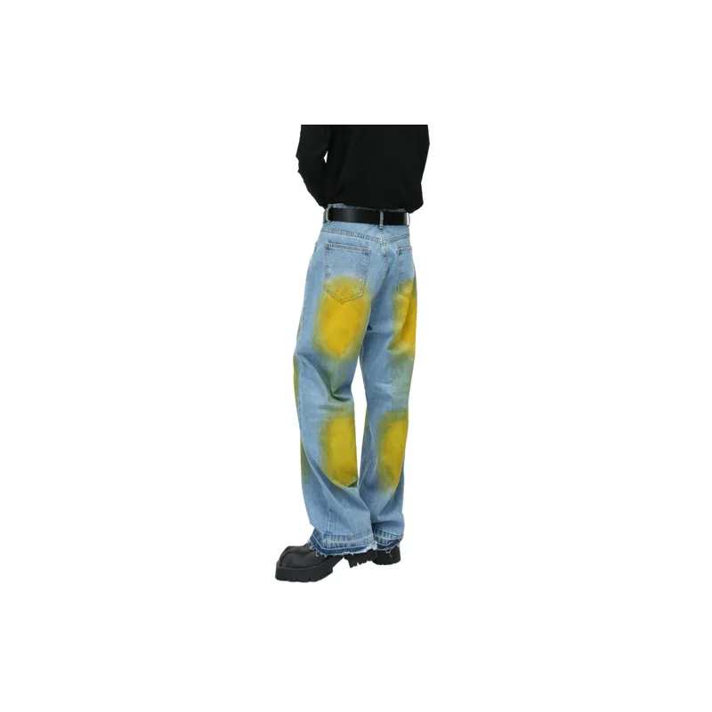 Retro Split Edge Grinding Yellow Hand painted Jeans-2