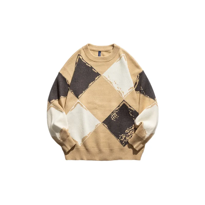 Contrast Color Plaid Crewneck Sweater-0