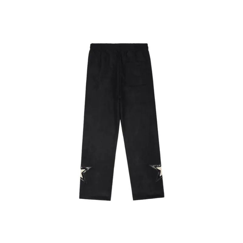 Embroidered Letters Leather Splicing Casual Pants-3