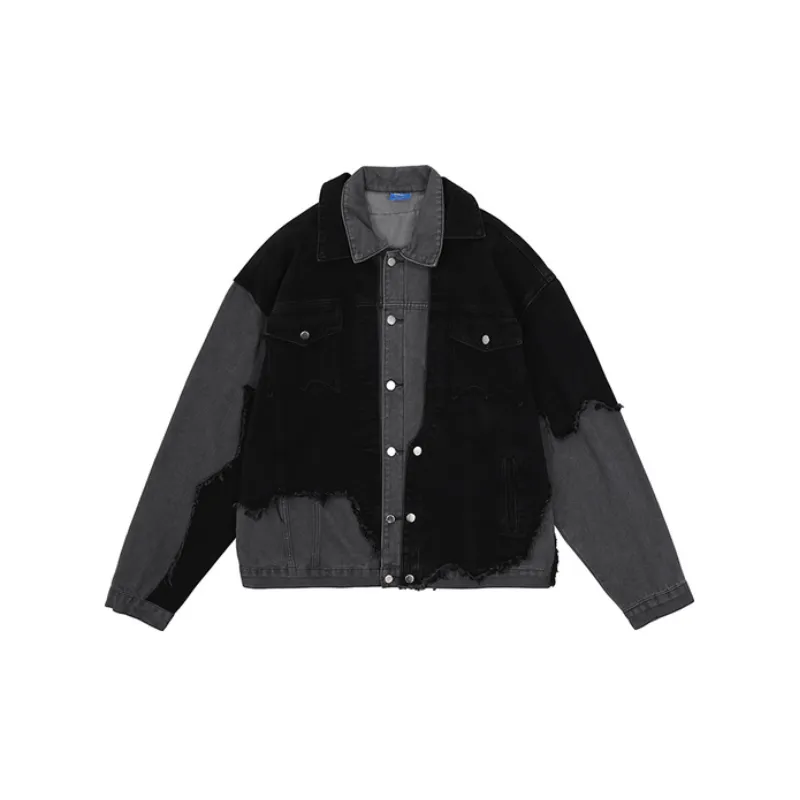 Gray Black Spliced Frayed Collar Denim vermelho jacket