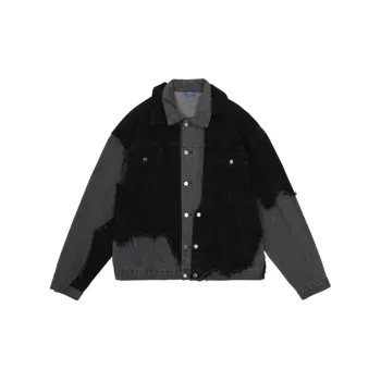 Gray Black Spliced Frayed Collar Denim Jacket