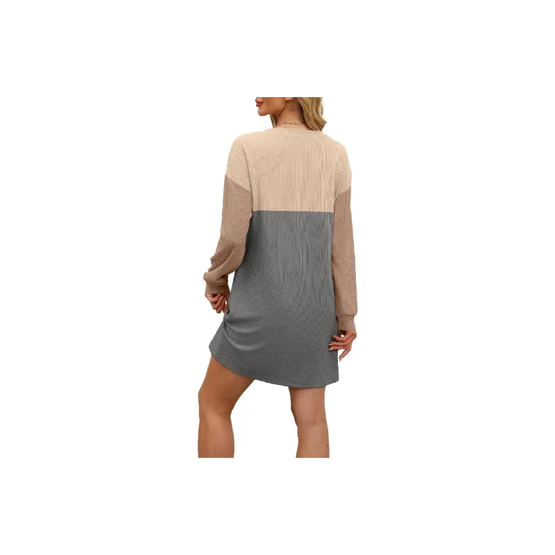 Contrast Color Loose Polyester Dress Women-1