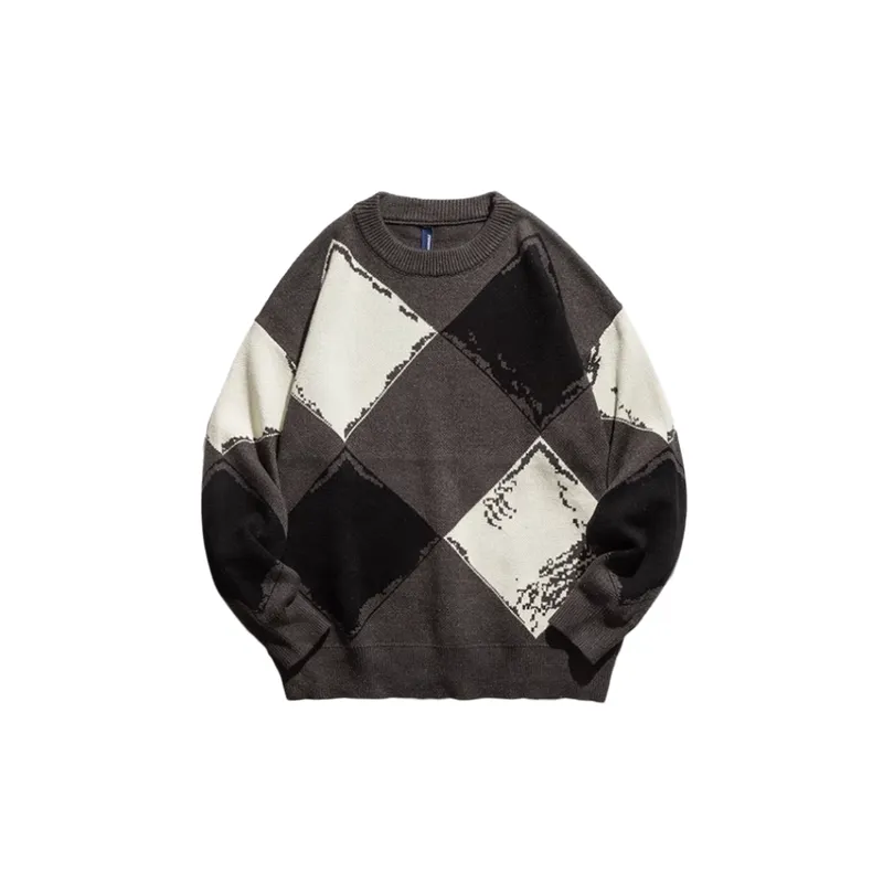 Contrast Color Plaid Crewneck Sweater-4