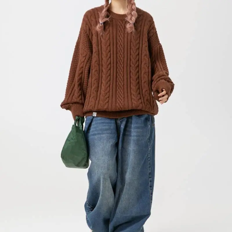 Retro Plain Blended Synthetic Fabrics Sweater-14