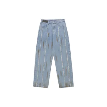 Raw Hem Design Embroidered Washed Oversized Pants