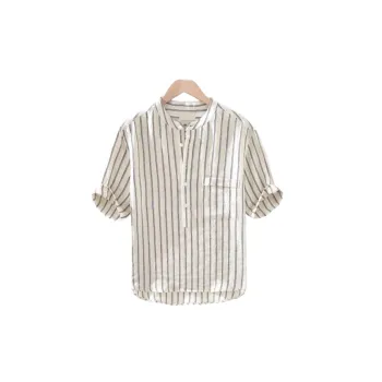 Striped Trendy Loose Thin Stand Up Collar Pullover Shirt