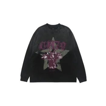 High Street Retro Sing Dye Gradient Wash Color Contrast Loose Long Sleeve Base T Shirt