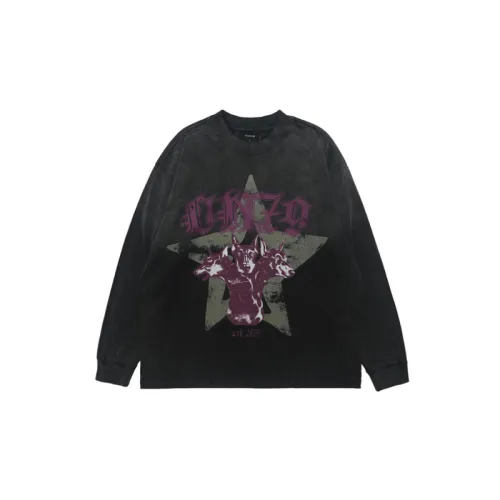 High Street Retro Sing Dye Gradient Wash Color Contrast Loose Long Sleeve Base T Shirt