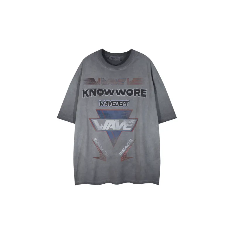 Retro Style Print Washed Sports T Shirt-4