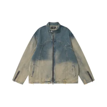 Retro Washed Old Hems Ripped Zipper Vertical Collar Denim Jacket