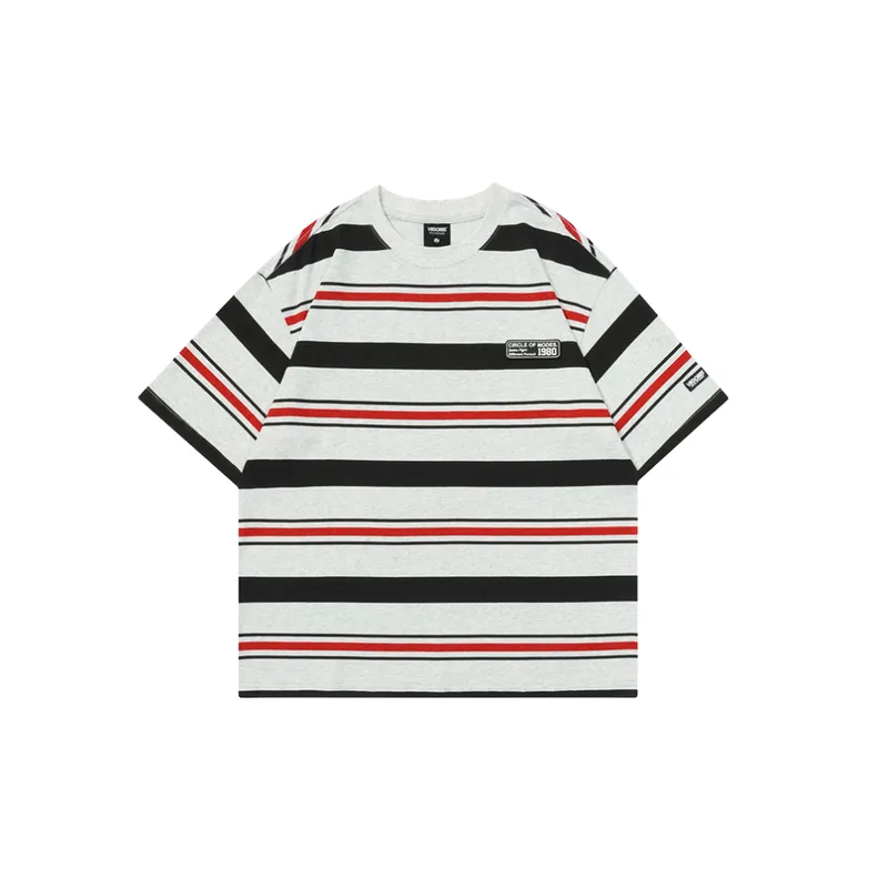 Oversize Contrast Color Striped Short Sleeved T Shirt-0