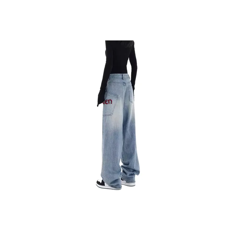 Retro Letter Embroidered Jeans Women-2