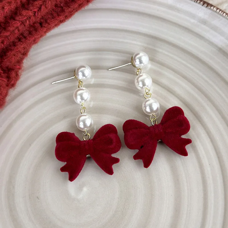 Fashionable Bow Pearl Fringe Earring-2