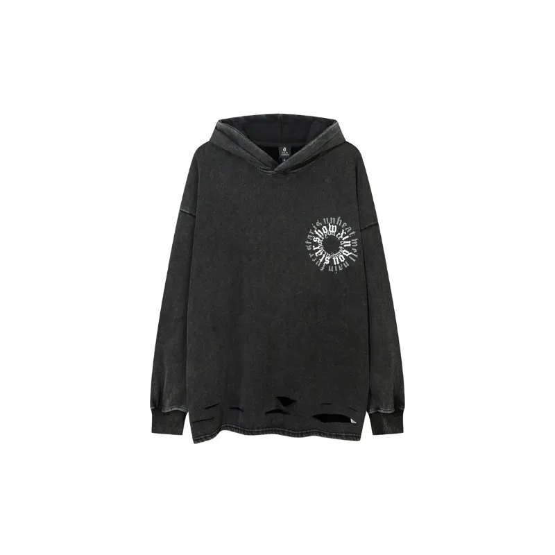 Hip hop Distressed Washed Design Foam Printing Fleece Loose Hoodie-0