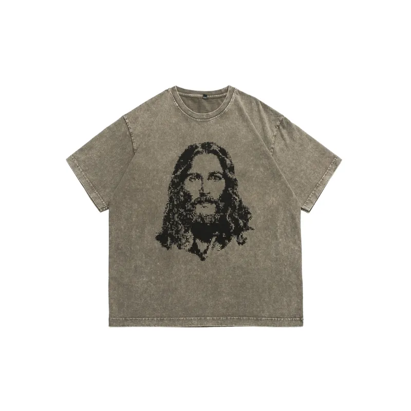 Half Sleeve Loose Washed Portrait Printed Short Sleeved T shirt-0