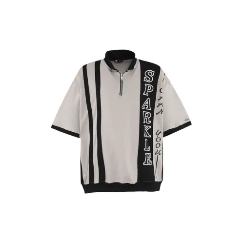 Tide Loose Sports Splicing Color Collision Collar Half Zipper Short Sleeved T Shirt