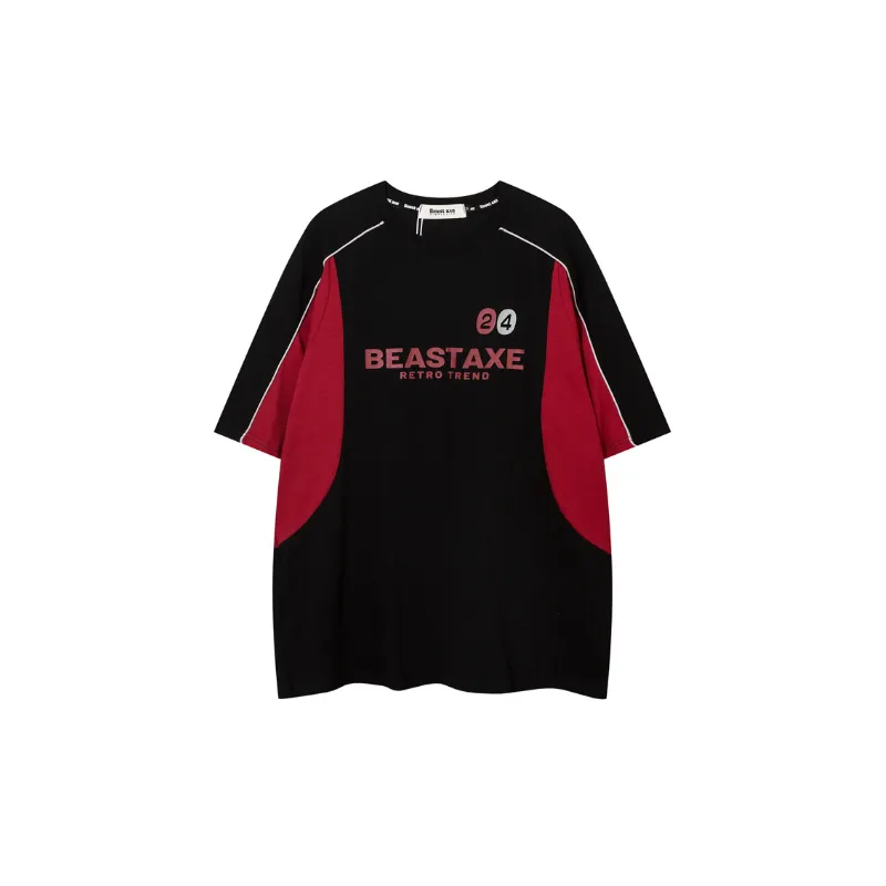 Retro Hip Hop Loose Color Stitching T Shirt-0