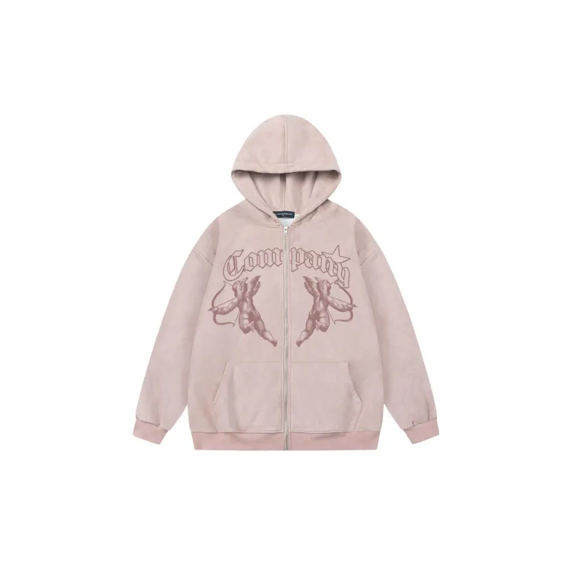 Trendy Distressed Angel Pattern Cardigan Padded Hooded Sweatshirt-6