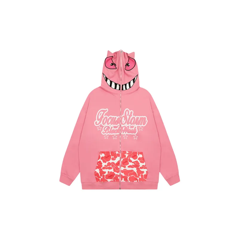 Trendy Demon Horn Masked Zipper Hooded Sweatshirt-0