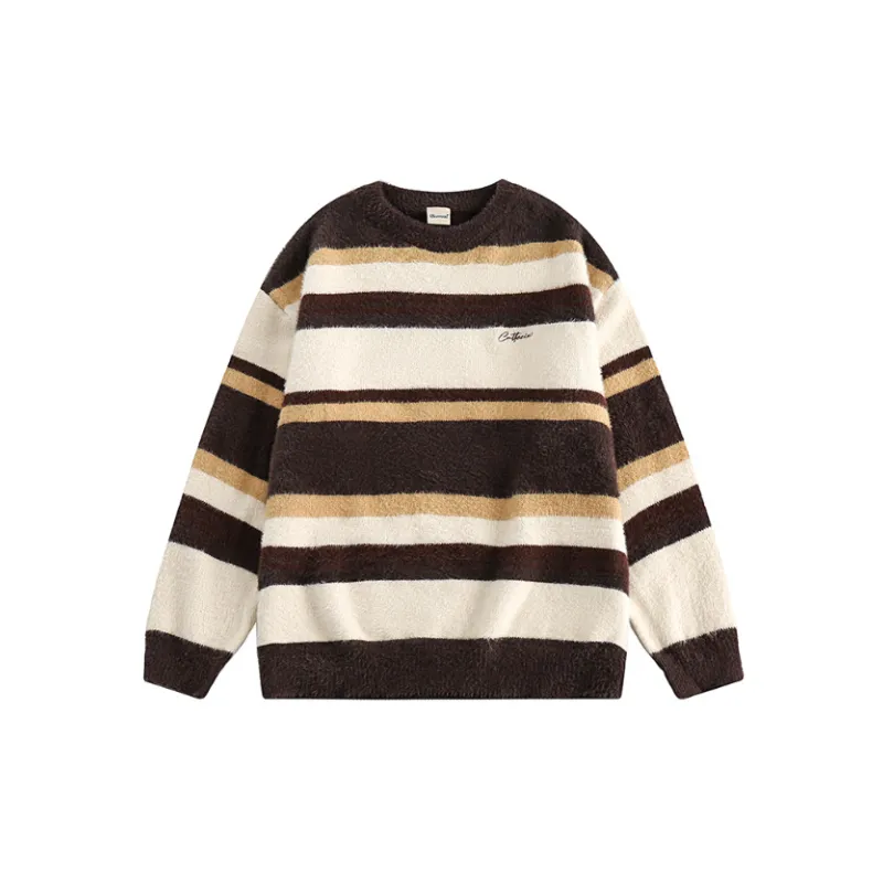 Fashion Simple Striped Crewneck Knitted Neutral Sweater-0