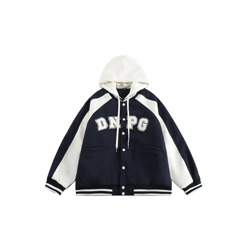 Contrast Color Stitching Raglan Sleeve Trendy Embroidered Letter Hooded Cotton Coat-4