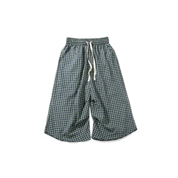 Retro Plaid Loose Cotton Blended Fabric Casual Shorts Unisex