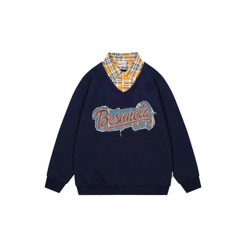 Fake Two piece Plaid Loose Sweatshirt-4