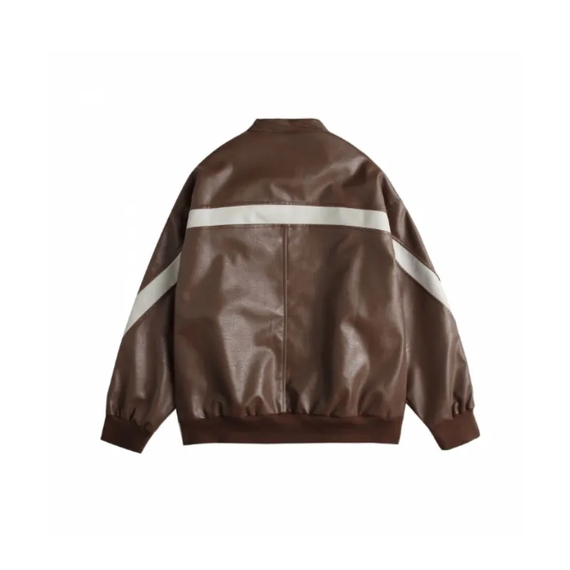 Retro Color Matching Collar Leather Casual Motorcycle Jacket-3