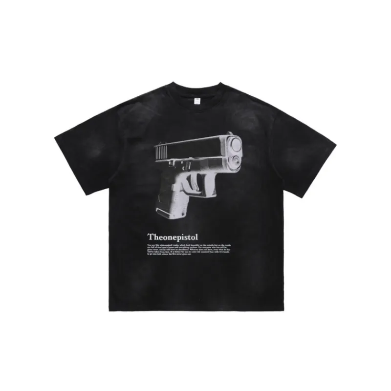 Retro Spray Paint Pistol Printed Shoulder Loosen Fashion T Shirt-3