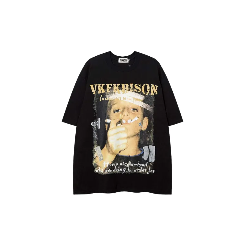 Basics Letter Cotton Blended Fabric T Shirt-0