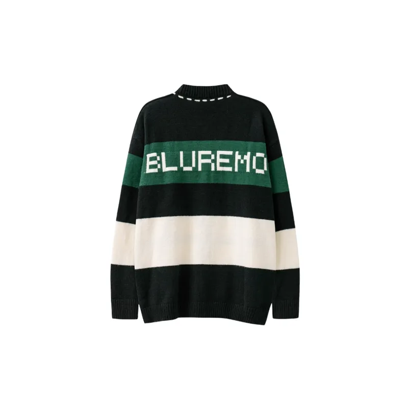 High Street Open Line Rope Color Matching Single breasted V neck Loose Trendy Brand Sweater-1